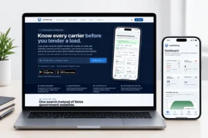 LoadVetting on a laptop and a phone: the carrier search home page and the risk dashboard