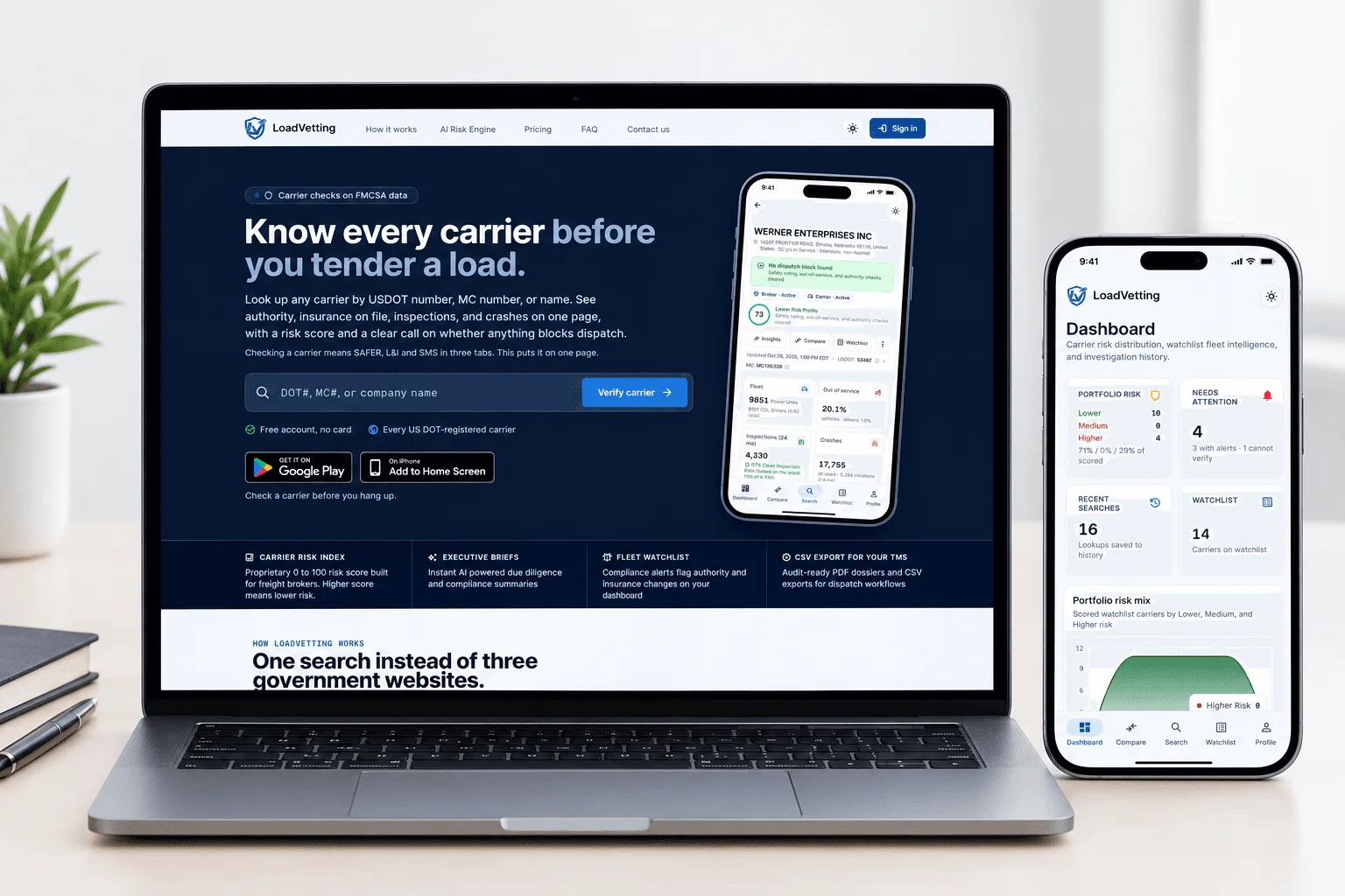 LoadVetting on a laptop and a phone: the carrier search home page and the risk dashboard