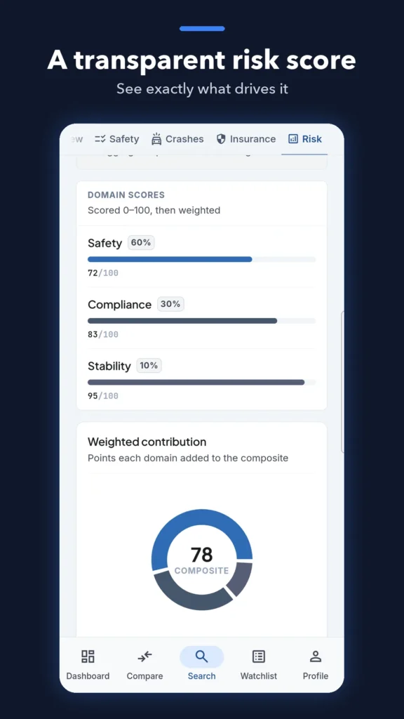 LoadVetting risk tab showing domain scores for safety, compliance and stability and how each adds to the composite score