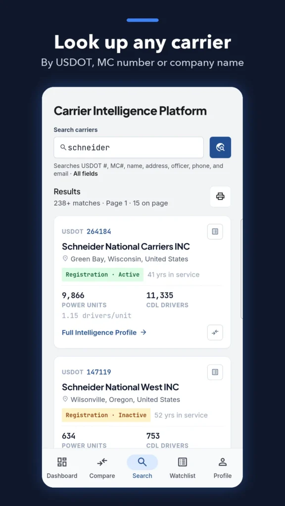 LoadVetting carrier search by USDOT, MC number or company name, with results showing registration status, power units and drivers